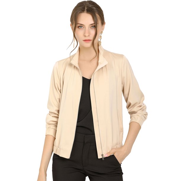 Allegra K Chaqueta Cremallera Completa Bolsillos Cuello Alto Peso Ligero Para Mujer Beige XL