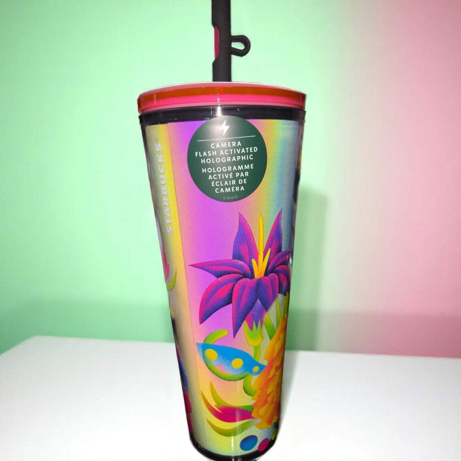 Starbucks Día De Los Muertos 2025 24oz Cold Cup Tumbler with Flash-Activated Hologram & Sugar Skull Straw Topper