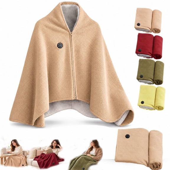 Heated Shawl Wrap for Women, USB Heated Blanket / Wearable / Washable / Electric Wrap / 3 Heat Levels / Zipper