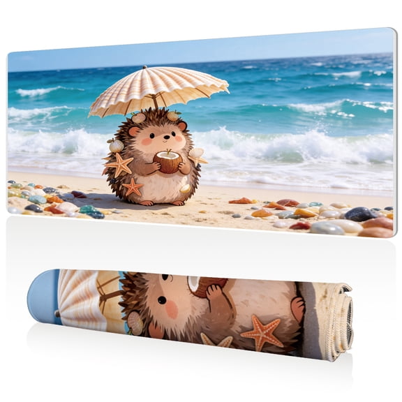 LIVEKEY Mouse Pad 80x40x0.3cm Cute Hedgehog on Beach Design Extra Large Full Desk Coverage Non Slip Durable Easy Clean Stitched Edges for Gaming and Office