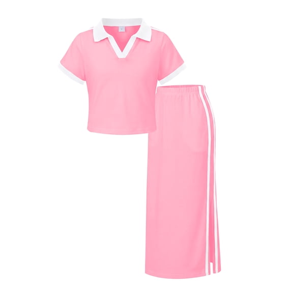 PureChapter Girls' Clothing Sets Short Sleeve Polo Crop Tops Slit Maxi Skirt Cotton 2 Piece Casual Girls Summer Outfits