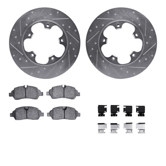 Dynamic Friction Company Rear Brake Rotors-Drilled and Slotted-Silver with Heavy Duty Brake Pads includes Hardware 7212-99240