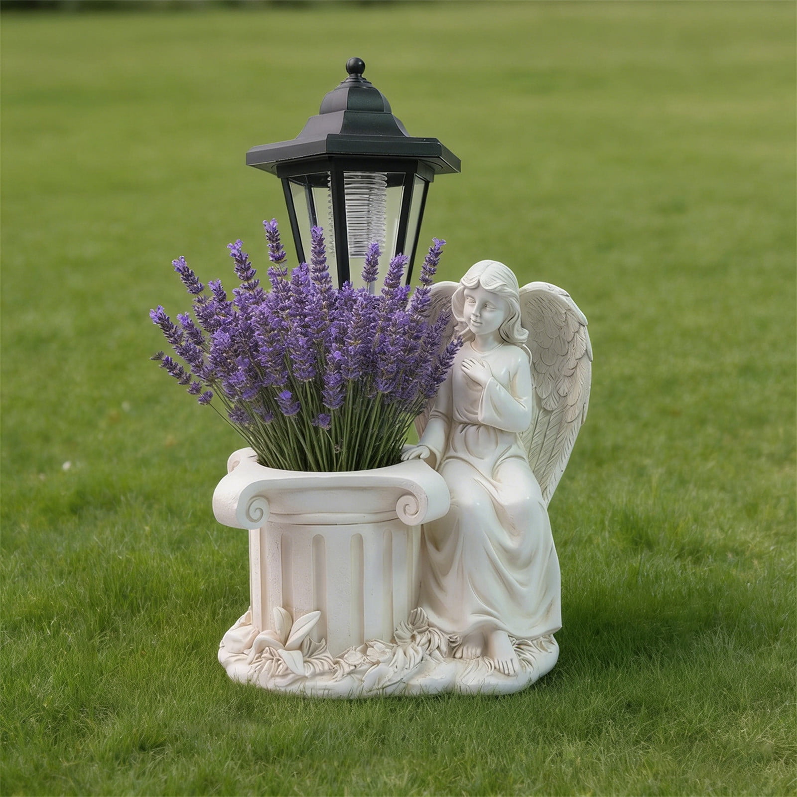 Angel Statue Solar Garden Light with Planter, Resin Outdoor Decorative Lantern, Weatherproof Sculpture Lamp for Patio, Yard, and Memorial Decor White