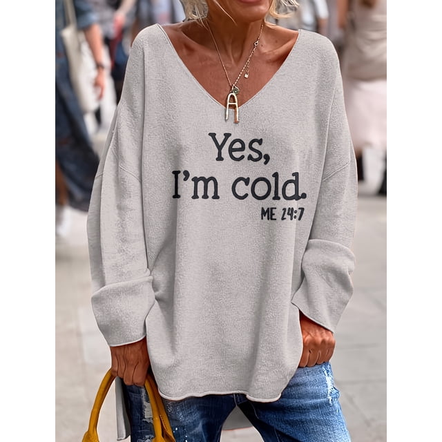 Pull Col en V Motif Lettre Élégant Chaud Durable & Décontracté pour Confort Automne/hiver