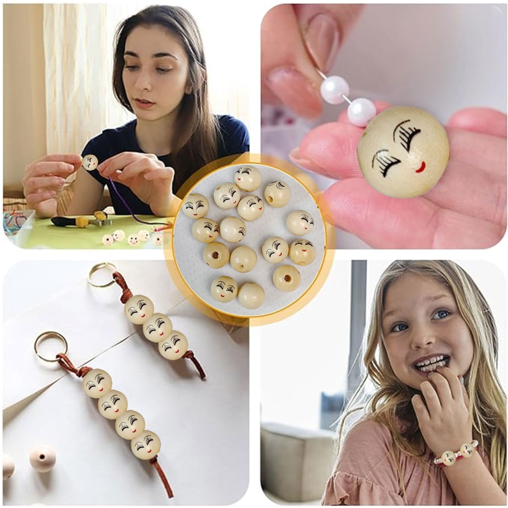 100Pcs Smiles Wood Beads Natural Wood Beads for Crafting Wooden Faced Beads, Wooden Balls with Hole for DIY Decor Craft