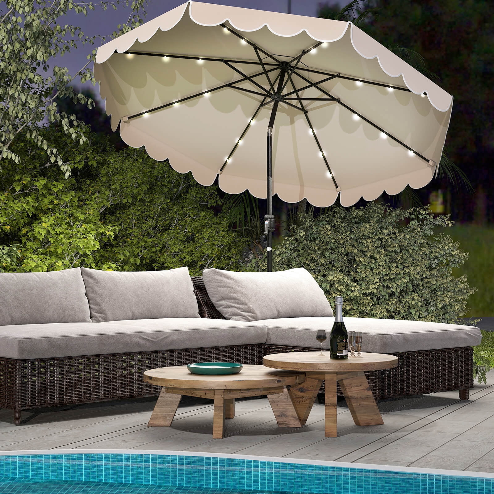 Costway 10 FT Solar Patio Umbrella with 24 LED Lights 8 Ribs & Tilt Adjustment Beige