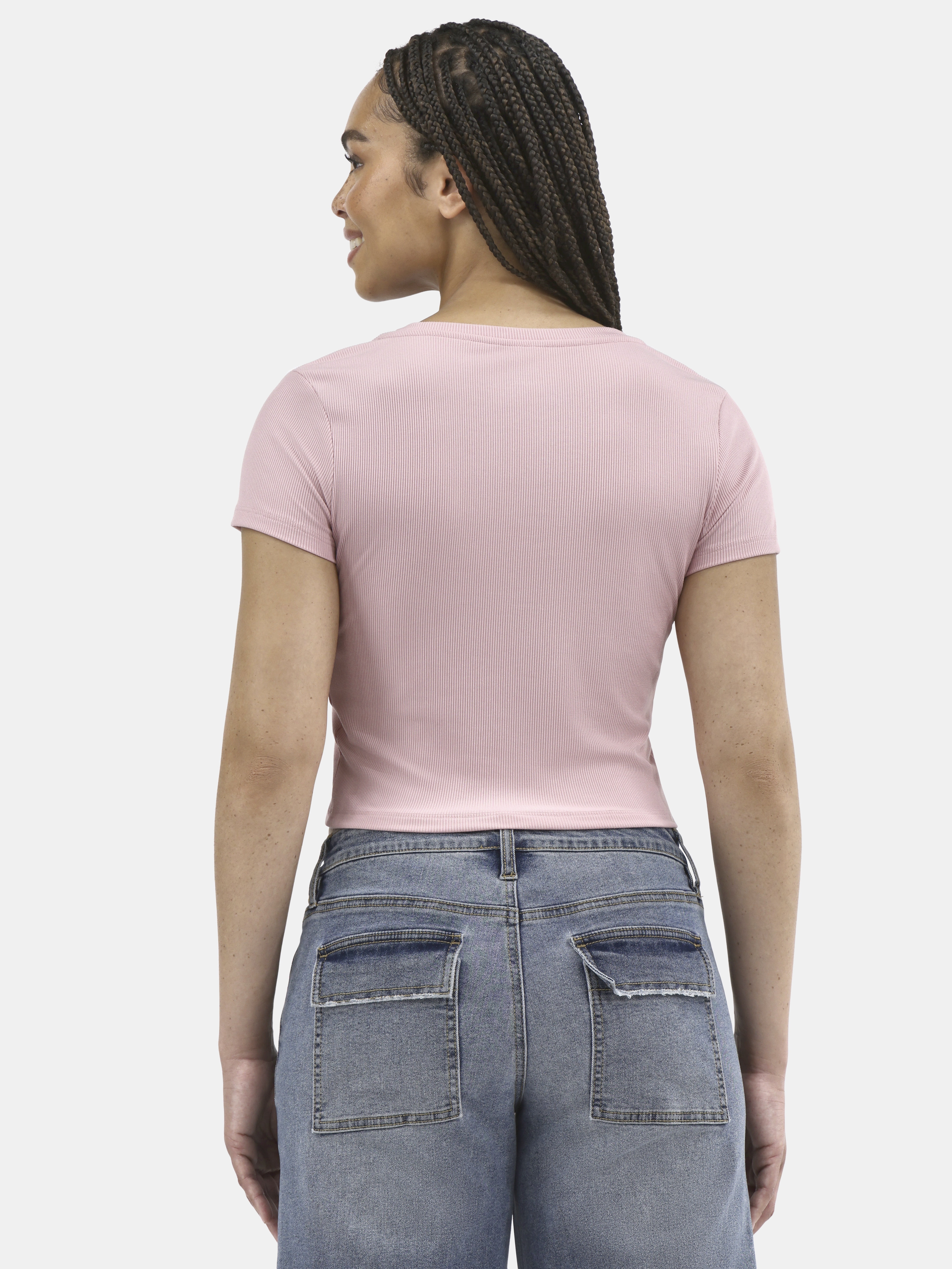 No Boundaries V-Neck Crop Rib Tee, Women's XXS-XXL