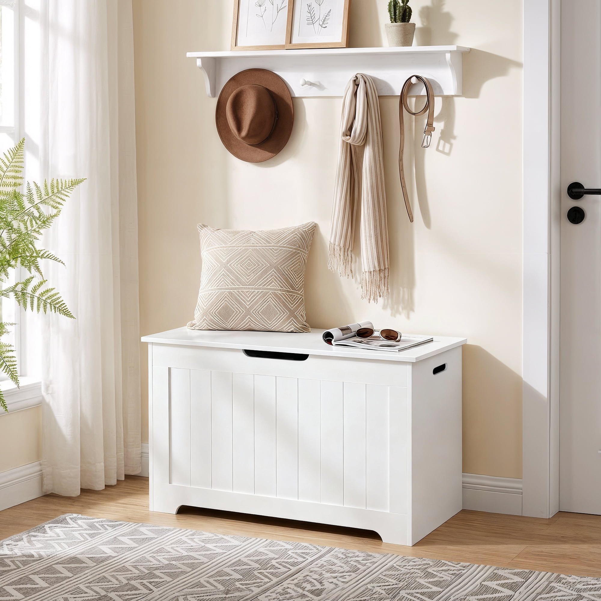 SuperDeal 30-Inch Lift Top Storage Chest Wooden Home Organizer Bench with Safety Hinged Lid Large MDF Toy Box Entryway Bedroom Living Room, White