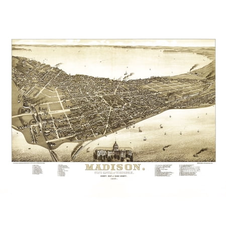 Historic Panoramic View - Madison Wisconsin - Norris 1885 - Vintage Wall Art
