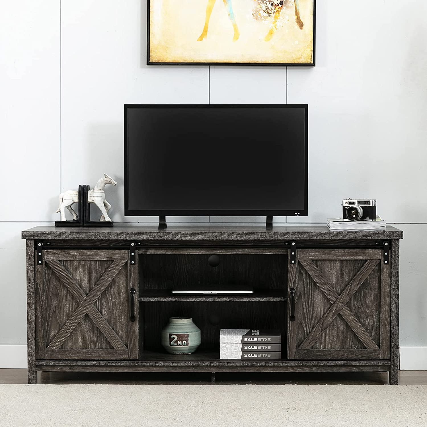VASAGLE TV Stand For 55inch Televisions With Sliding Barn Doors And Adjustable Storage Shelves