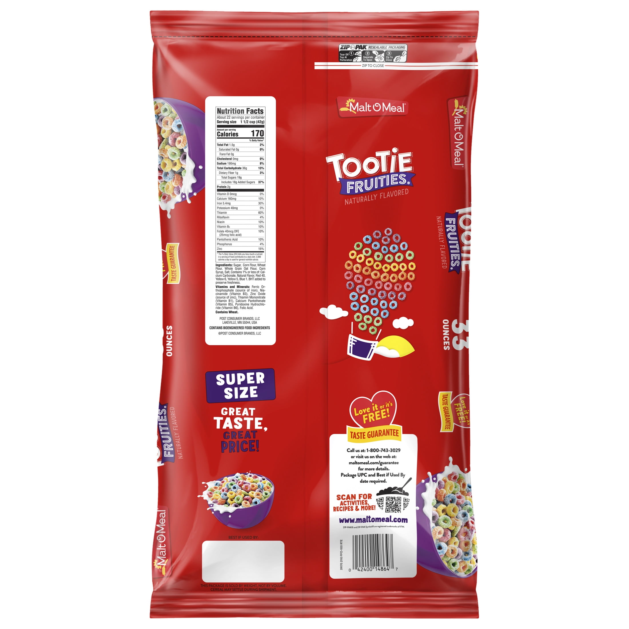 Malt-O-Meal Tootie Fruities Cereal, Fruity Breakfast Cereal, Crunchy 33 oz (Pack 6)