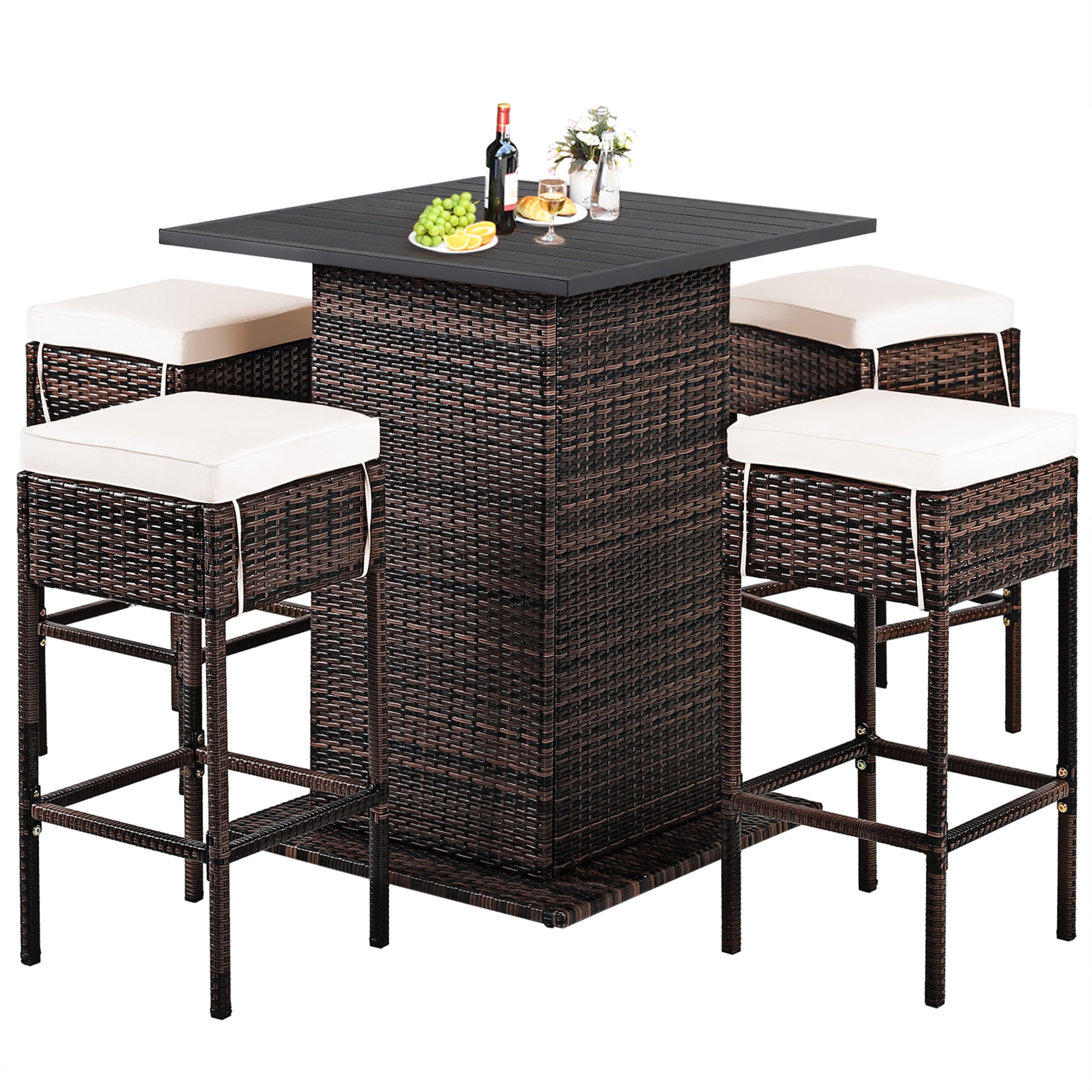 Gymax 5PCS Patio Bar Set Rattan Bar Furniture Set w/ Table & 4 Cushioned Stools