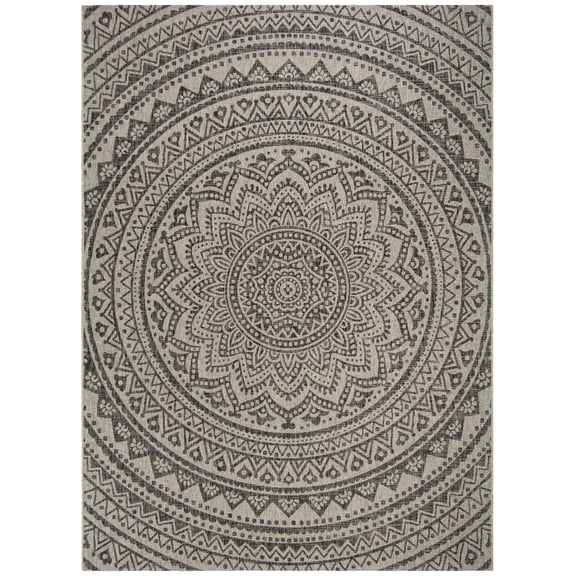 SAFAVIEH Courtyard Josiah Floral Medallion Indoor/Outdoor Area Rug, 8' x 11', Light Grey/Black