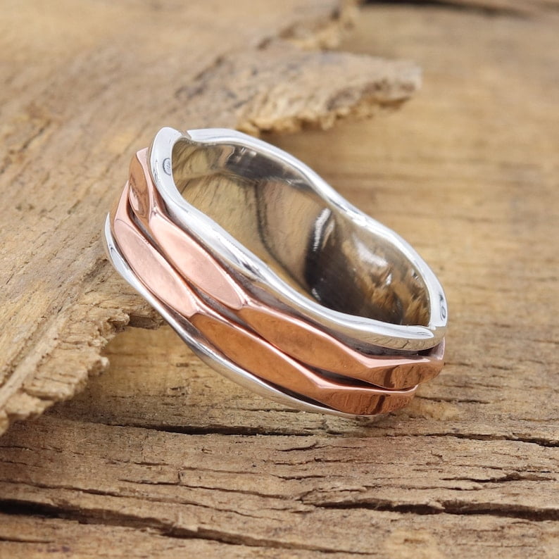 Earth Gems Jewelry Fidget Spinner Ring Sterling Silver Women’s Two-Tone Wave Band Ring