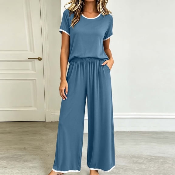 WIZUTIZ Women's Modal Short Sleeve Top and Loose Sleep Pants Pajama Set Soft Knit Loungewear Stretchy Wide Leg Sleepwear 2 Piece Lounge Set