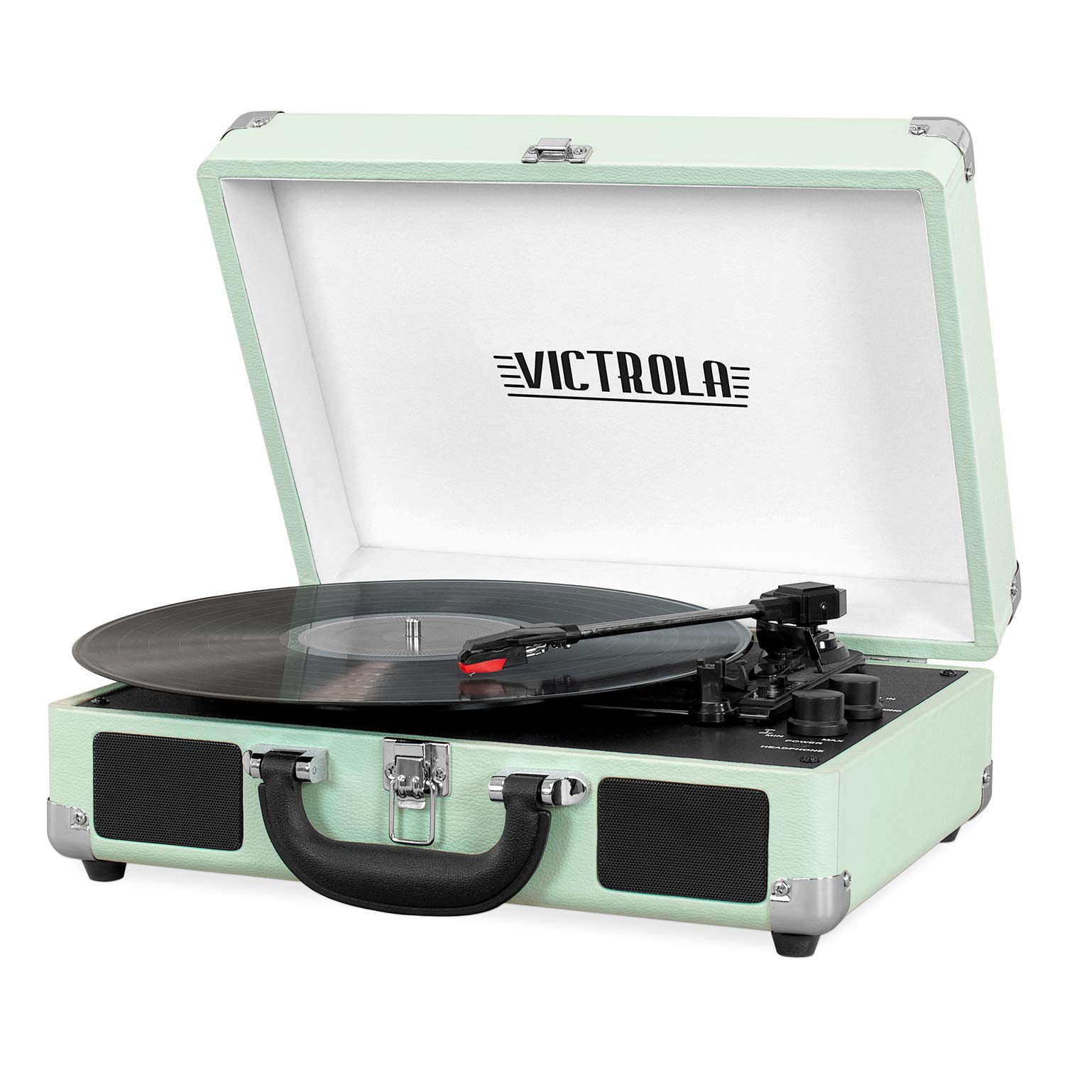Light Beige Linen Victrola Bluetooth Suitcase Record Player with 3-Speed Turntable