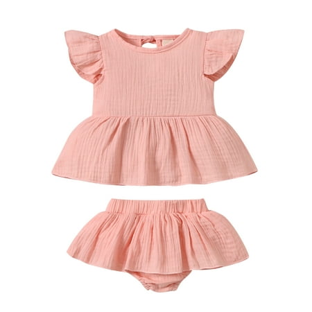 

aturustex Infant Baby Girls Summer Set Solid Color Flying Sleeve Ruffle Hem Tops Elastic Waistband Triangle Shorts 2pcs Outfit