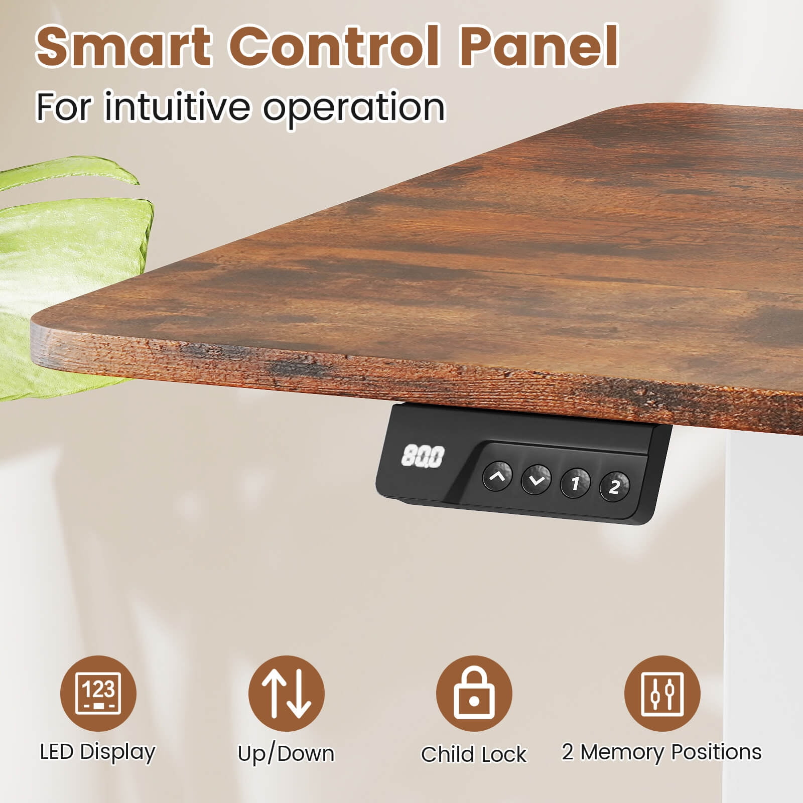 Costway 48” x 24” Electric Standing Desk with LED Display 2 Memory Height Settings for Home Rustic Brown+White