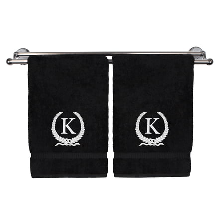 Monogrammed Hand Towel Personalized Gift 16 x 30 Inches – White Letter Embroidered with Wreath Design on Black Towel – Extra Absorbent – 100% Turkish Cotton – Soft Terry Finish – Initial K