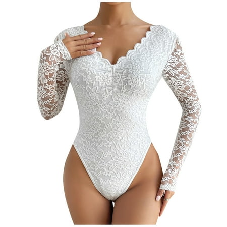 

EHTMSAK Women s Lingerie Long Sleeve Lace Tummy Control Sexy Bodysuit Teddy Mini Babydoll White XS