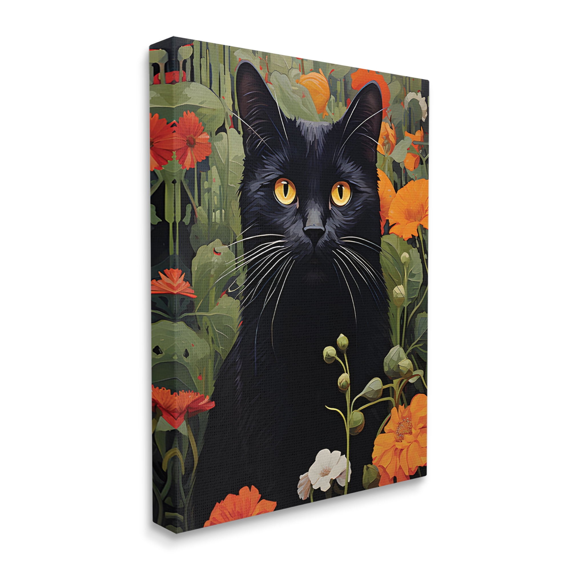 Stupell Industries Black Cat Garden Flowers Animals & Insects Painting Gallery Wrapped Canvas Art Print Wall Art, 36 x 48