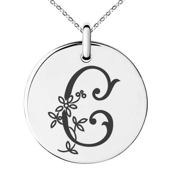 Stainless Steel Letter C Initial Floral Monogram Engraved Small Medallion Circle Charm Pendant Necklace