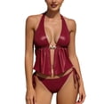 thumbnail image 2 of Women's Two-Piece Swimsuit Open Front Tankini Top with Side Tie Bottom 2-Piece Swimwear for Beach Red S, 2 of 9