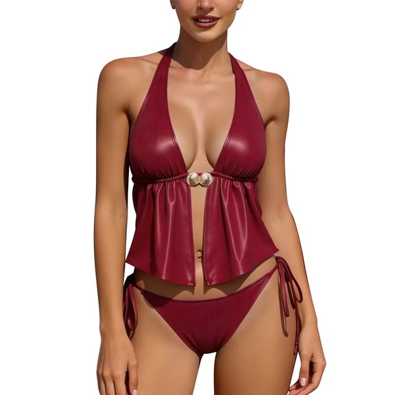 BSDJILFG Halter Swimsuits for Women 2 Piece Hollow Out Tie Back Swim Top with Brief for Nightclub Party