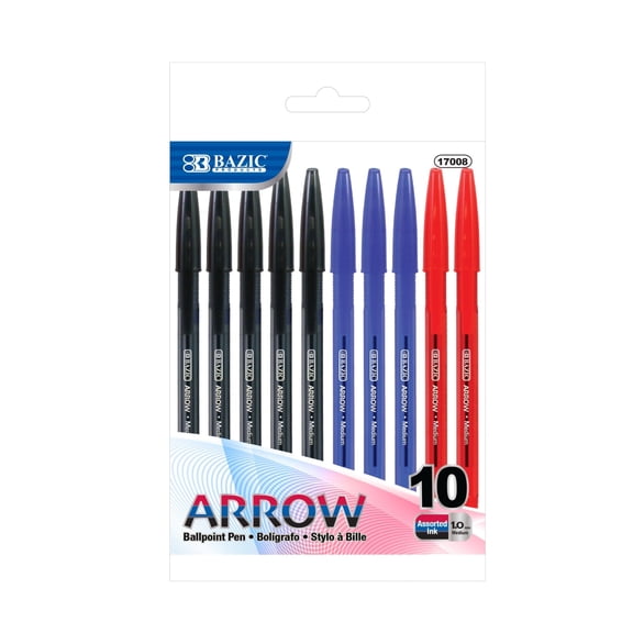 BAZIC Arrow Ballpoint Pens, 1.0 mm Medium Point Assorted Colors Stick Pen, 10 Count, 1-Pack