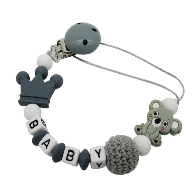 Clip para chupete con cuentas de silicona y letras de madera. Collar de dentición para bebé sin BPA. Soporte antipérdida para cochecito y asiento de coche.