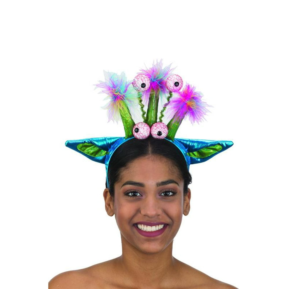 Super Funny 4 Eyed Alien Shiny Headband With Ears and Feathers
