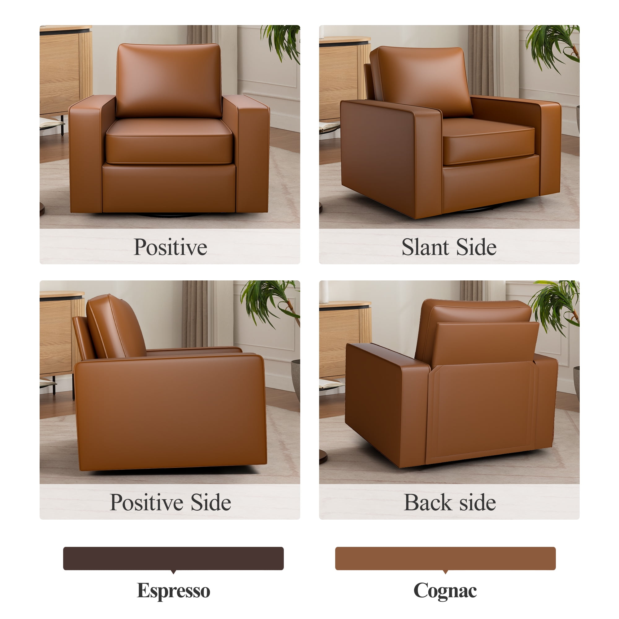 COOLHUT 360° Swivel Accent Chair Set of 1, 36.2" Wide PU Leather Accent Chair Armchair, Comfy Upholstered Single Sofa Chair for Living Room and Bedroom, Brown