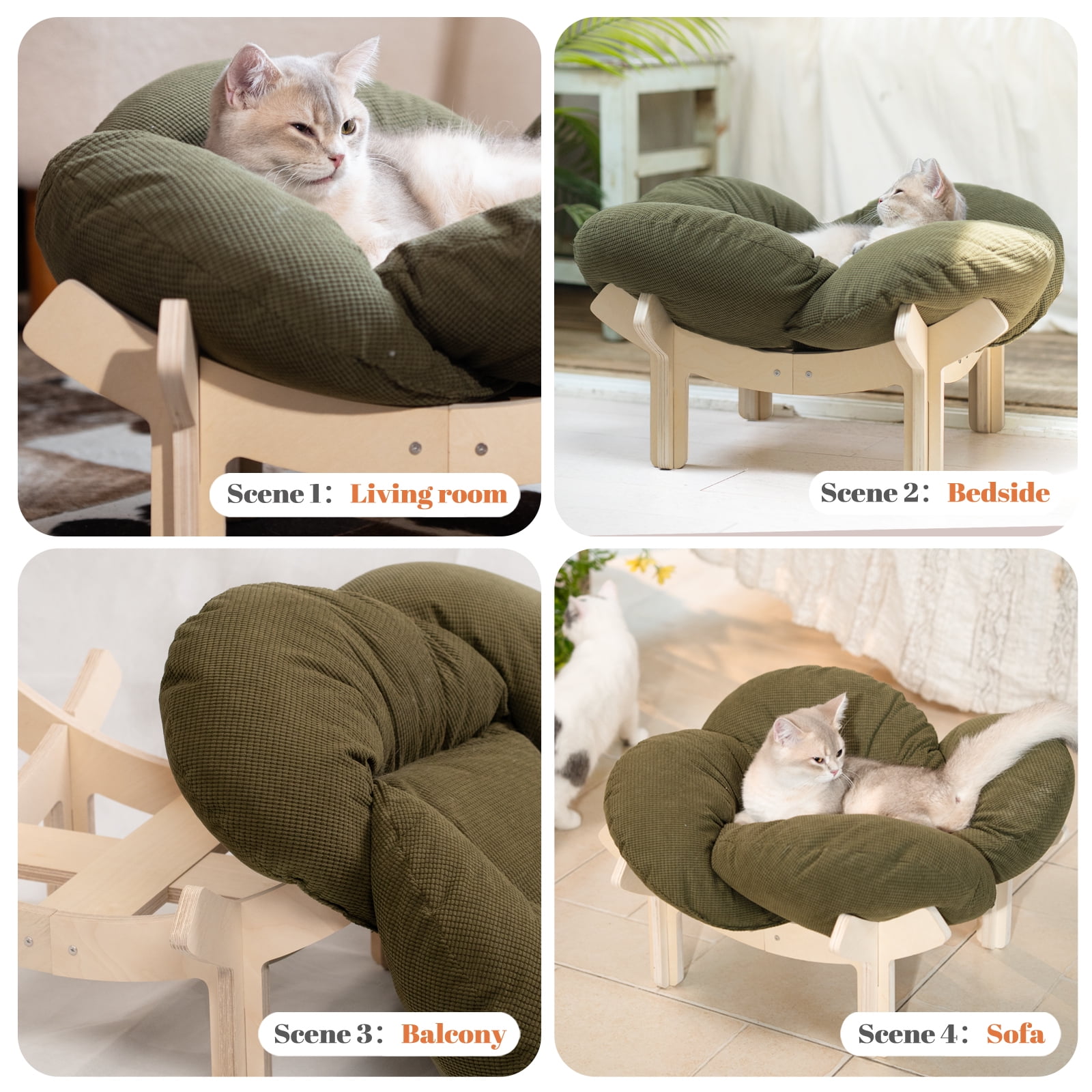 CheerPals Elevated Cat Bed, Washable Flower Pet Cushion with Sturdy Wooden Frame, Heavy-Duty Lounge Chair for Indoor Cats & Small Dogs, Green