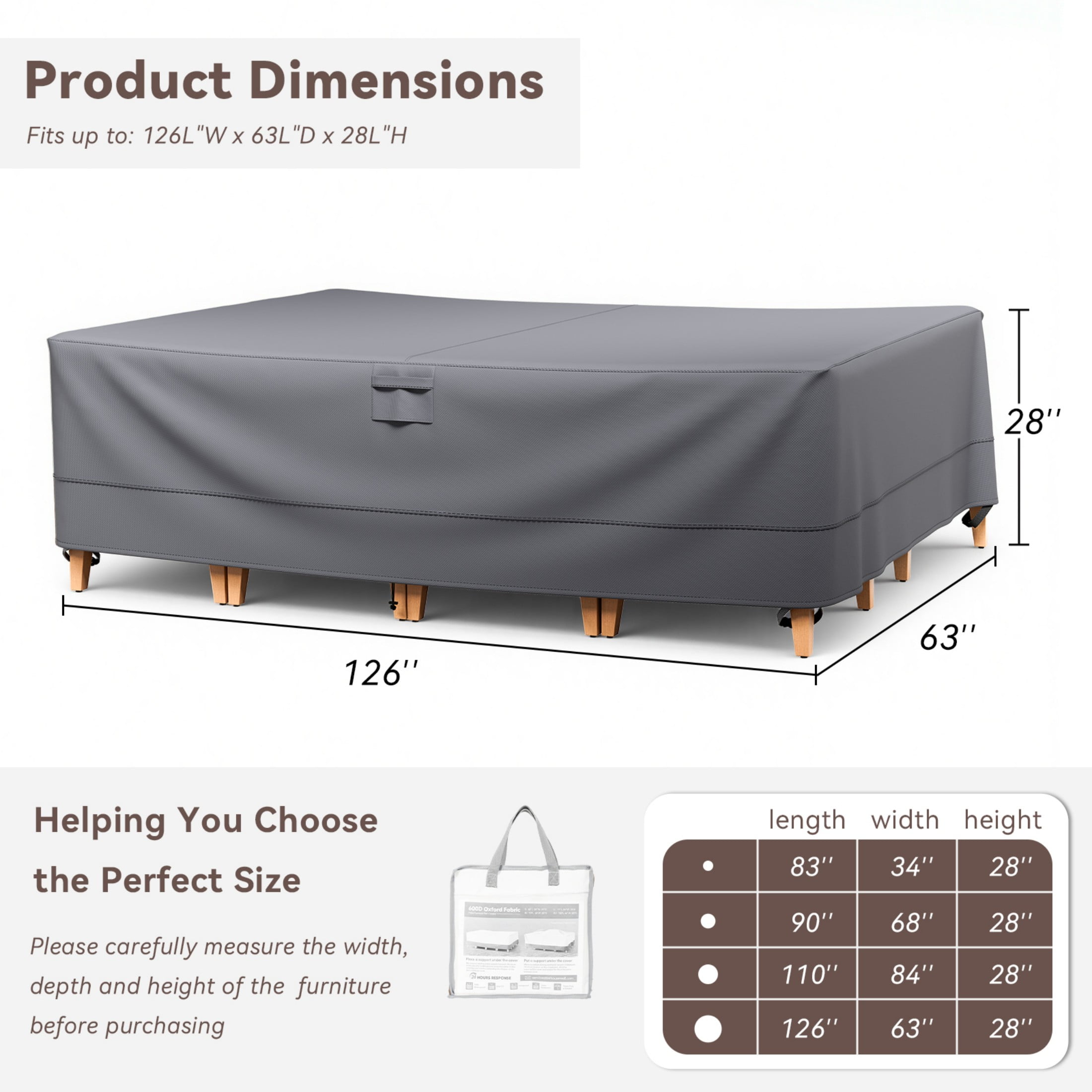 Unnifurnzi Patio Furniture Covers-Outdoor Furniture Covers Waterproof for 6 Pieces Patio Set 600D Heavy Duty Outdoor Sectional Cover for Furniture Couch Sofa Chair 126" L × 63" W × 28" H-Gray