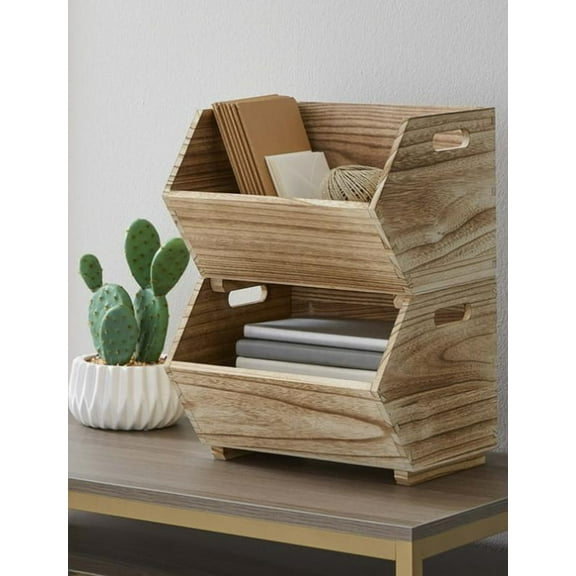 Natural Wood Stacking Storage Bin Set - 2 Piece for Adults Boxes Organiser