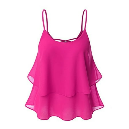 Crochet Spaghetti Strap - Women Lace Up Sleeveless Spaghetti Strap Ruffle Chiffon Tank Tops