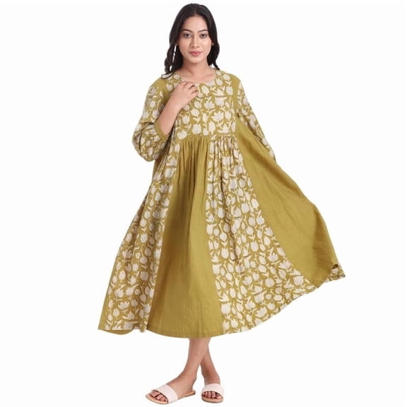 VIBHNYA Printed Cotton Fabric Crew Neck Dress for Women Stylish Comfortable Casual Daily Wear Breathable Lightweight Fashion Outfit for Ladies