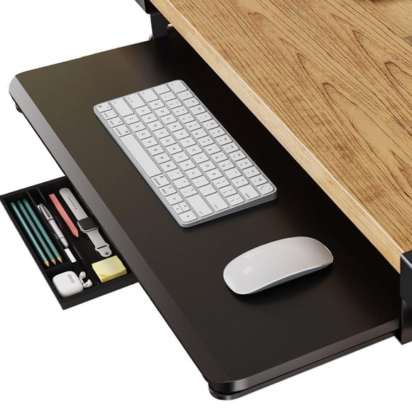 FENGE Under Desk Keyboard Tray Pull Out Keyboard Drawer Sturdy C Clamp Mount, 25.6 x 11.8 inch Ergonomic Design with Pencil Case and Phone Holder, Bl