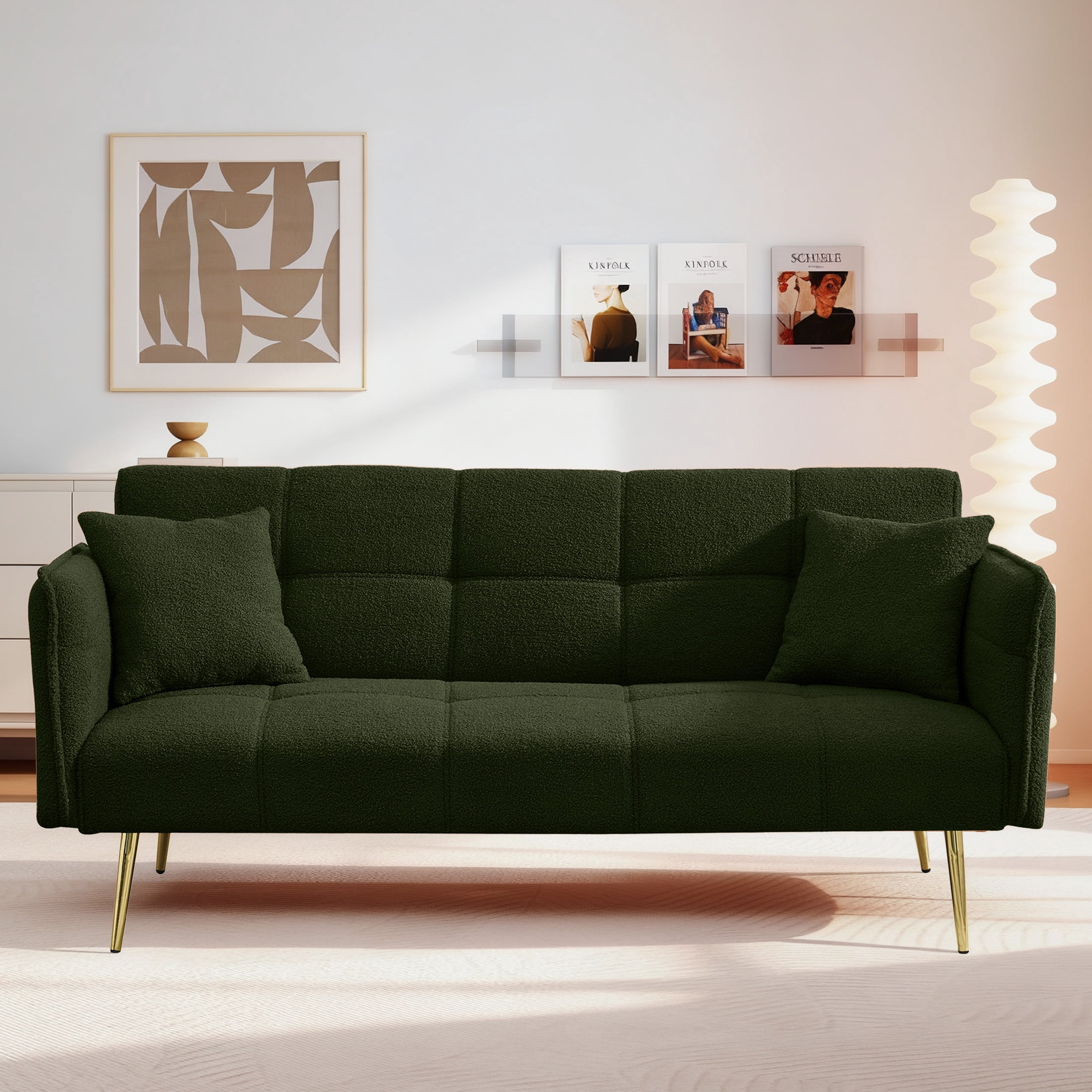 Aukfa 79" Teddy Fleece Convertible Futon Sofa Bed, 3-Position Adjustable Armrests, 2 Pillows, Green