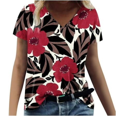 

Womens Fall Y2k Going Out Tops Casual T-shirt Floral Print V-Neck Short Sleeve Pullover Blouse Tops Corset Tops Summer Cute Graphic Tshirt Sexy Tunic Tops for Leggings Oversized Tops Tees Blouses