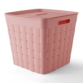 Your Zone Child and Teen Plastic Wide Weave Pink Stacking Storage Bin with Lid