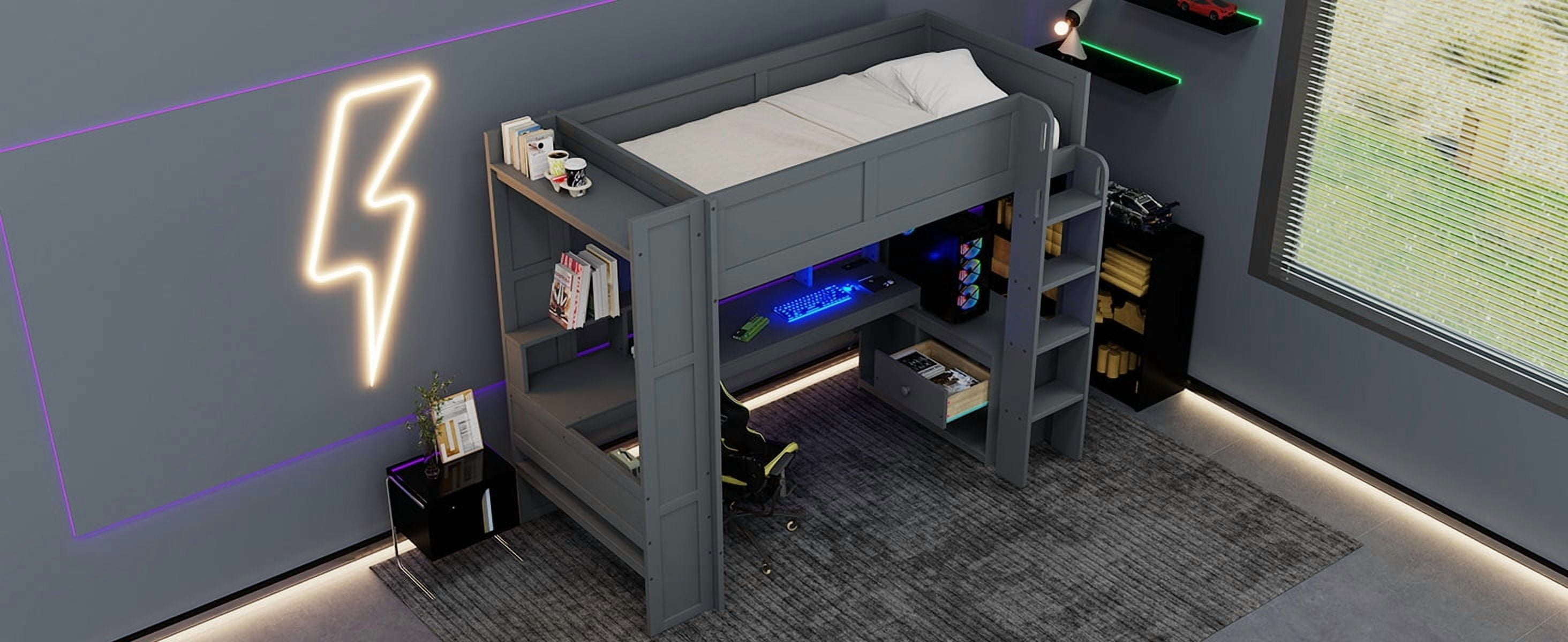 Homy Casa Wood Twin Size Gaming Loft Bed with Desk Shelves LED and Charging Station for Teen Bedrooms