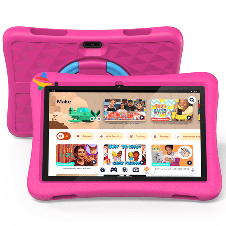 Plimpton Kids 10 Tablet, Google Kids Space, Android 14 Tablet for Kids, Parental Control Pre-Installed Education Apps, 2GB RAM 32GB Storage, 6000mAh, WiFi 6, EVA Shockproof Case - Pink