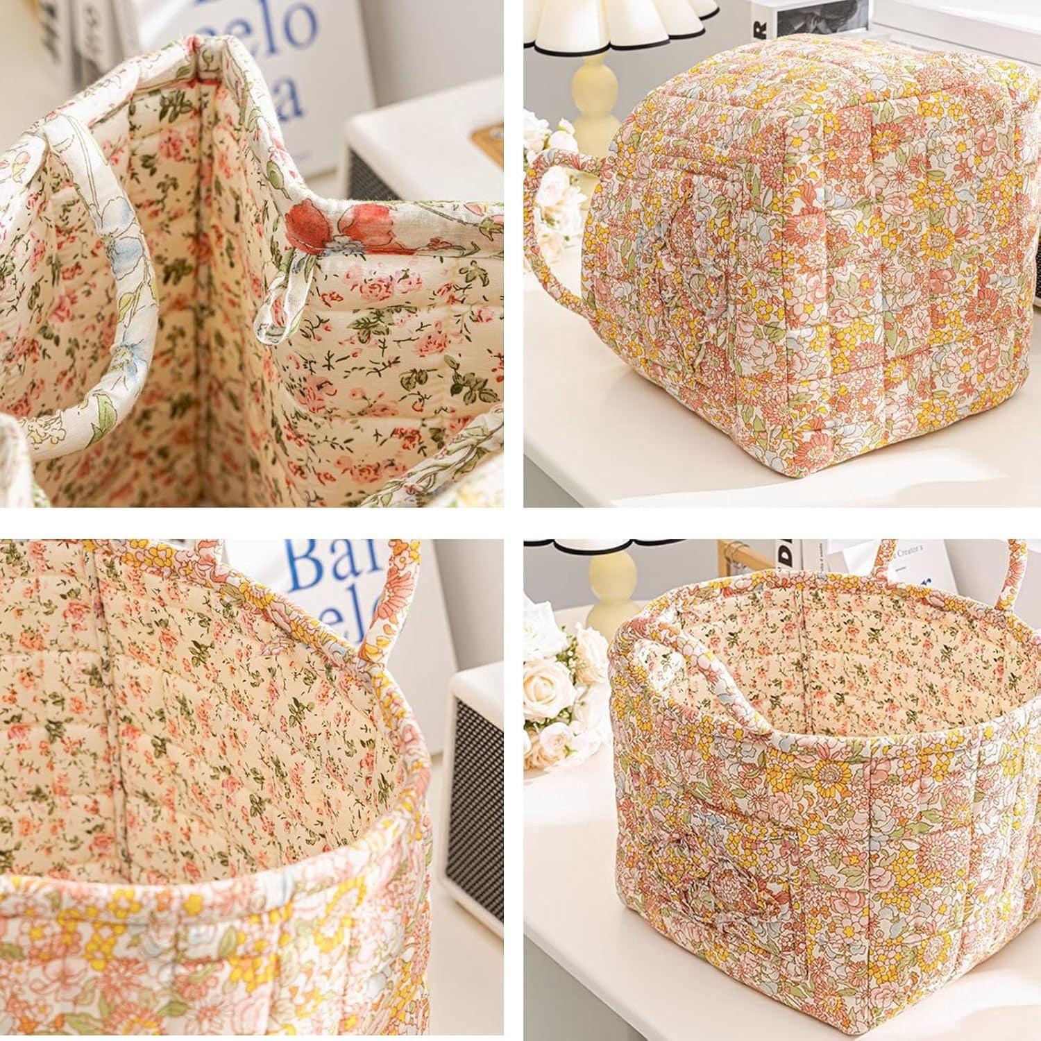 Boho Fabric Storage Basket, Large Capacity Fabric Storage Basket, Boho Floral Laundry Baskets for Storage, Collapsible Laundry Hamper with Easy Carry Handles for Clothes Sundries Toys (D)