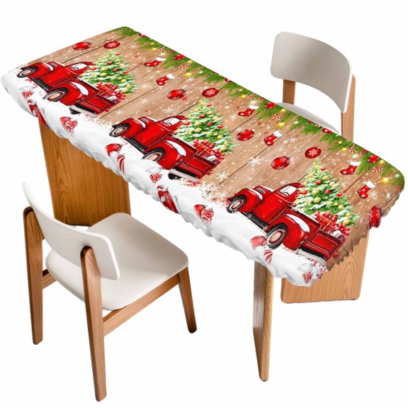 Christmas Table Cloths for 8 Foot Rectangle Tables, Red Truck Xmas Tree Branch Red Balls Snowflakes Patio Waterproof Elastic Fitted Tablecloths, Washable Rectangular Table Cover for Camping