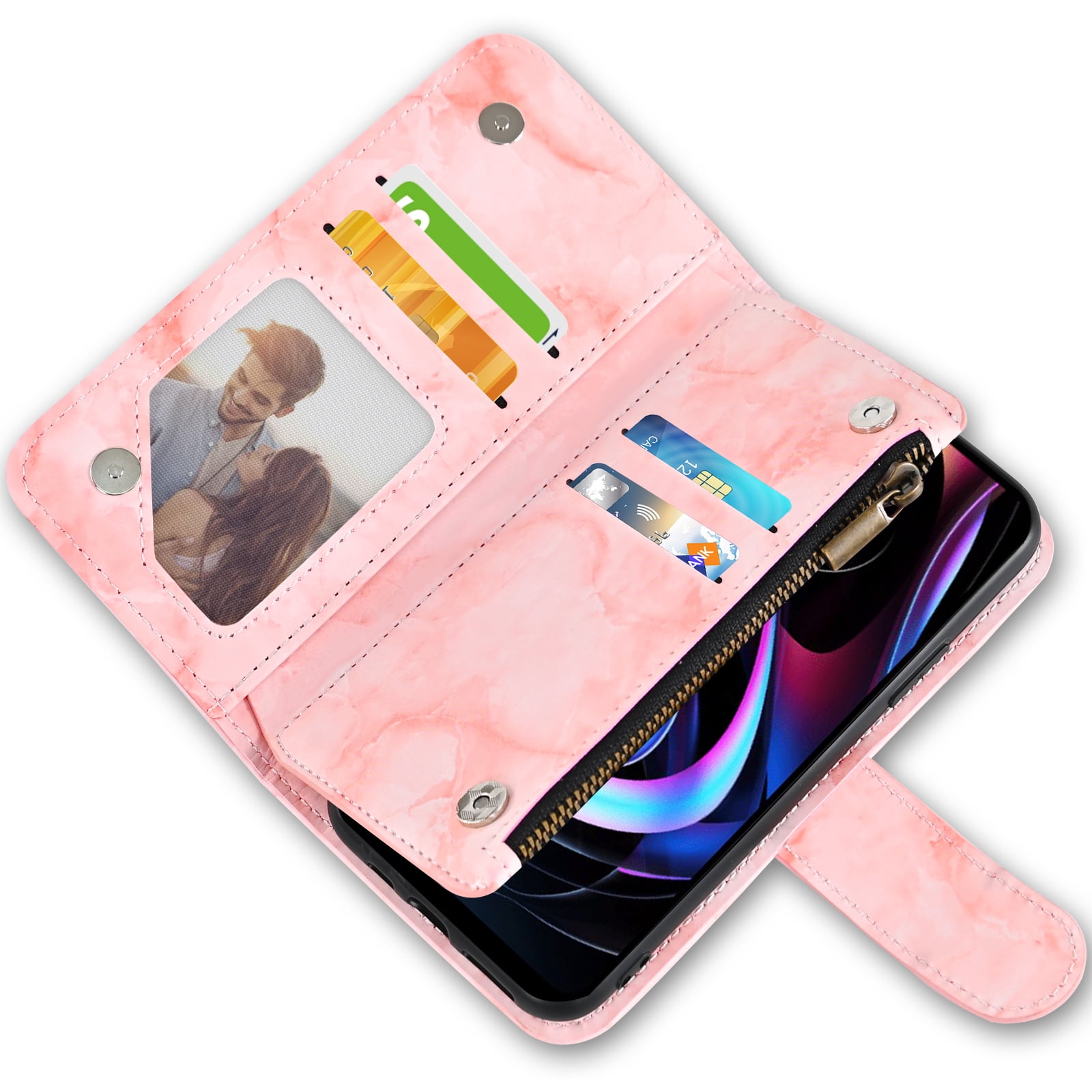 Compatible with Motorola Moto Edge 2021/MotoEdge 5G UW 2021 Wallet Phone Case and Tempered Glass Screen Protector Marble Faux Leather Flip Credit Card Holder Stand Zipper Cell Cover for XT2141-1 Pink