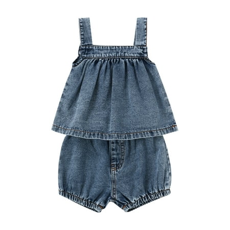 

Woshilaocai Infant Toddler Baby Girl Clothes Set Sleeveless Dress Top Denim Shorts Kids Girl Summer 2Pcs Outfits