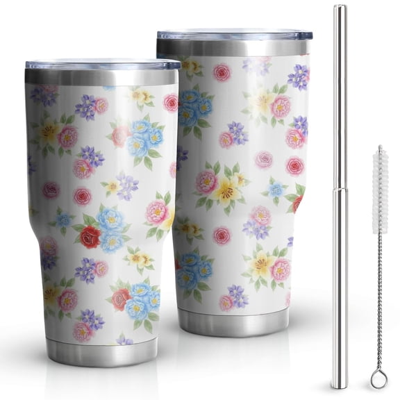 30oz Pioneer Flower Floral Print Pattern Tumbler, Double Wall Vacuum Insulated Cup, BPA-Free Leak Proof Lid & Reusable Straws, Hot 12h, Cold 34h
