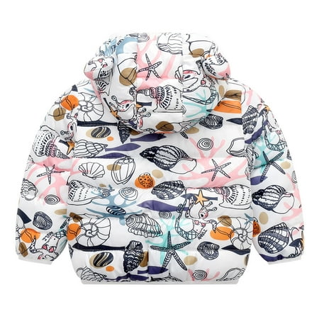 

DNDKILG Toddler Baby Boy Girl Hooded Thicken Coat Children Padded Cartoon Print Zip Up Outerwear Long Sleeve Fall Winter Puffer Jacket White 1Y-4Y