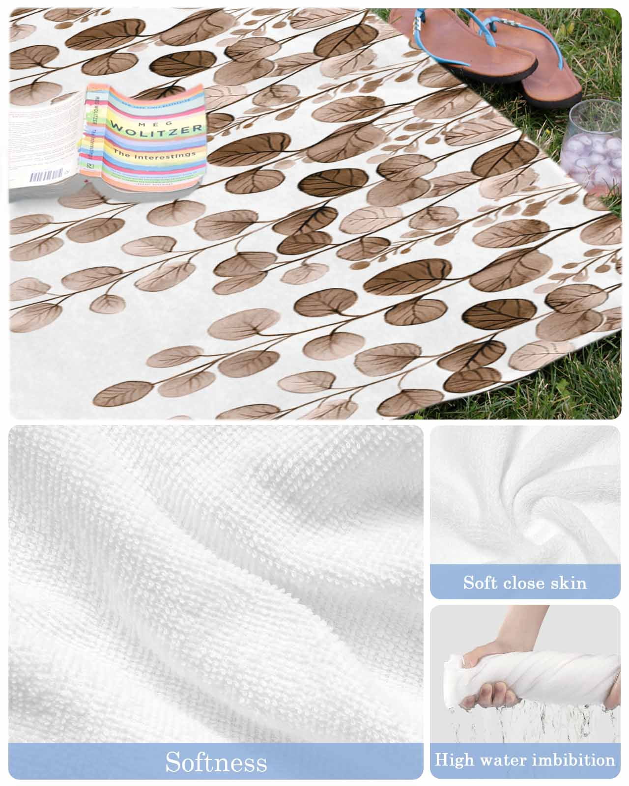 Brown Eucalyptus Leaves Beach Towels Oversized Super Absorbent, Watercolor Floral Leaf Plants Lightweight Bath Towel Quick Dry Sets For Bathroom/Pool/Rv Camping/Beach Play/Gym Room/Picnic 31"x62"